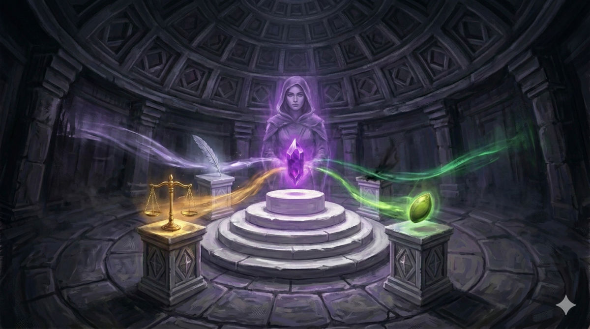 Three glowing relics float before a translucent Seraphine: a silver quill, golden scales, and a green seed, each trailing light toward a different horizon.