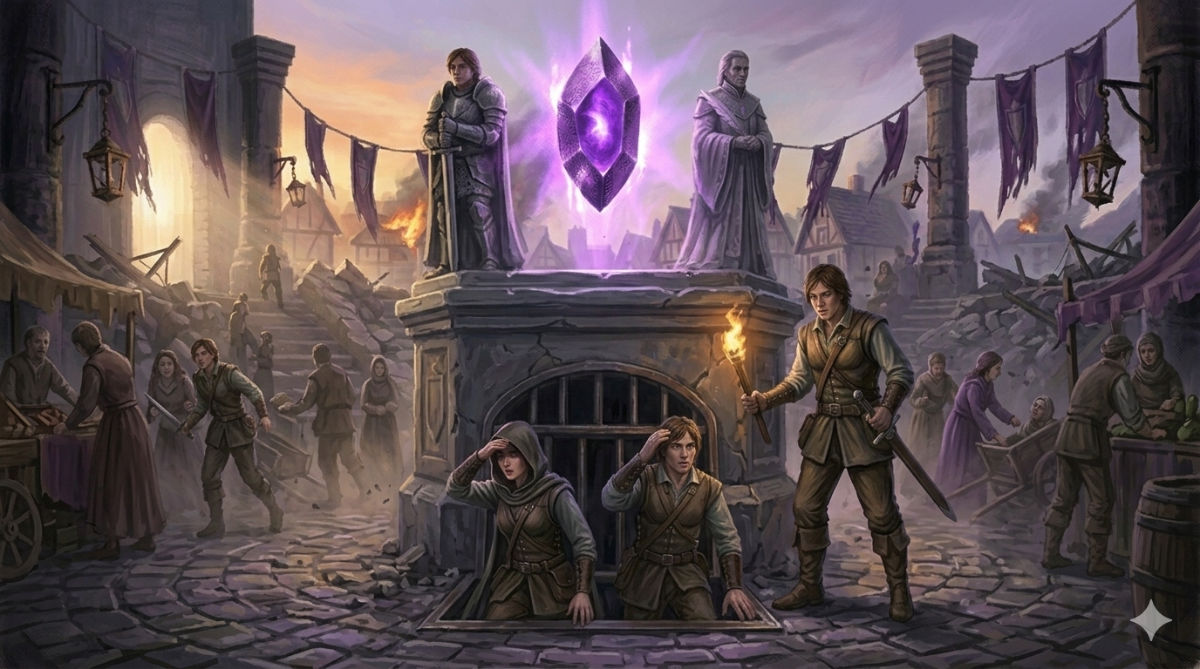 Two figures emerge from a grate at the base of stone statues into dawn light, the Purple Gem pulsing once above them as citizens begin their day unknowing.