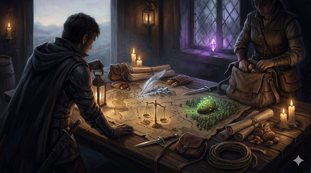 The protagonist and allies gather supplies in a candlelit room, maps and provisions spread across a table, the three relics glowing faintly among the gear.