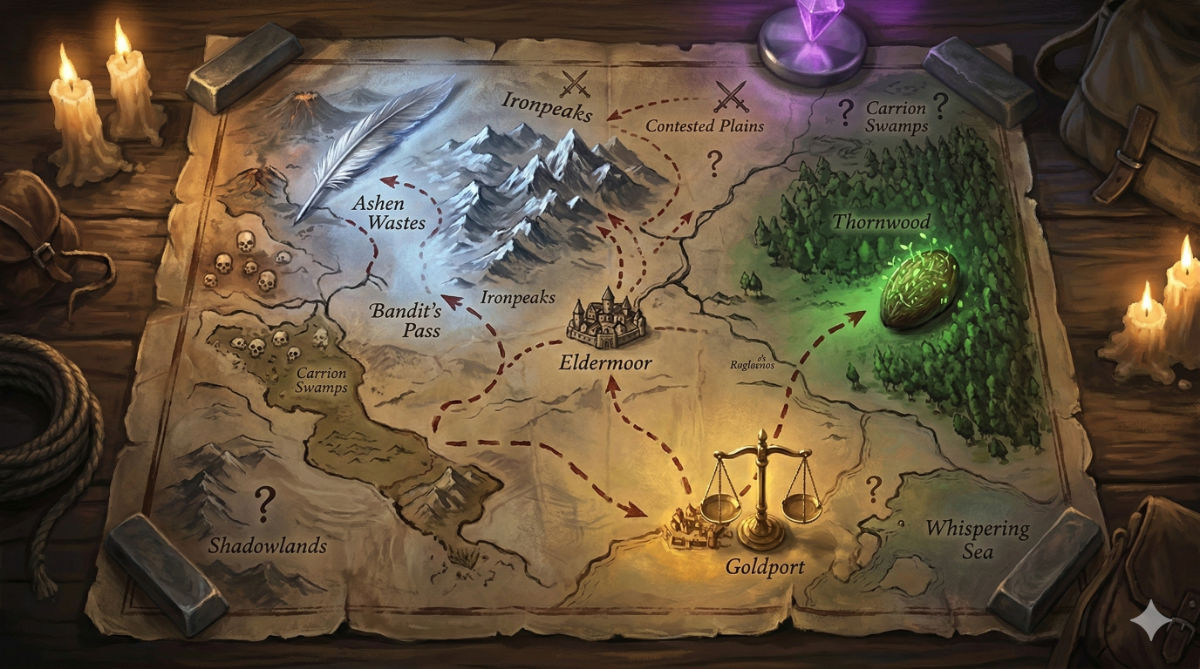 An ancient map spread on a table shows three marked locations connected by roads through dangerous terrain, each glowing with a different colored light.