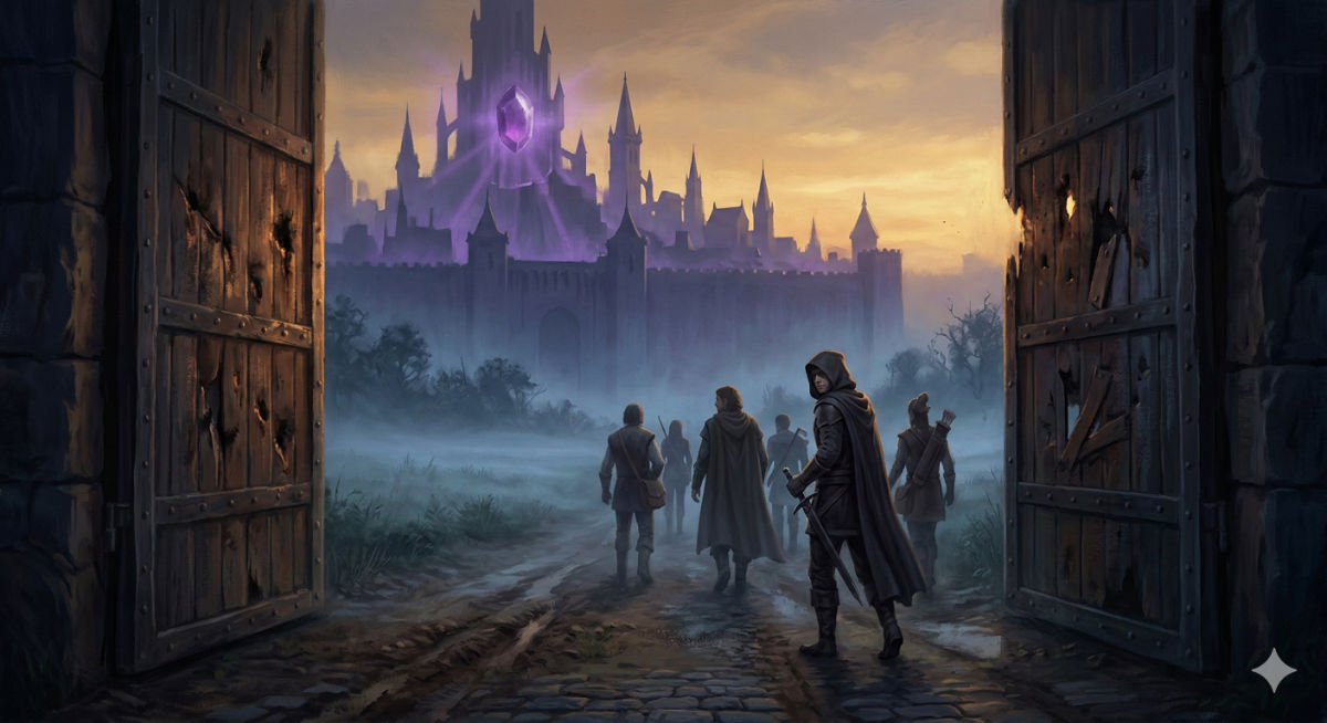 A small group walks through the city gates at dawn, Eldermoor's skyline and the Purple Gem behind them, the open road stretching ahead into mist.