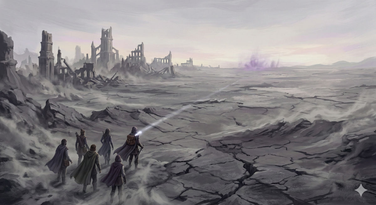 A vast desolate landscape of gray ash and bleached stone stretches to the horizon under a pale sky, with the ruins of ancient structures barely visible in the distance.