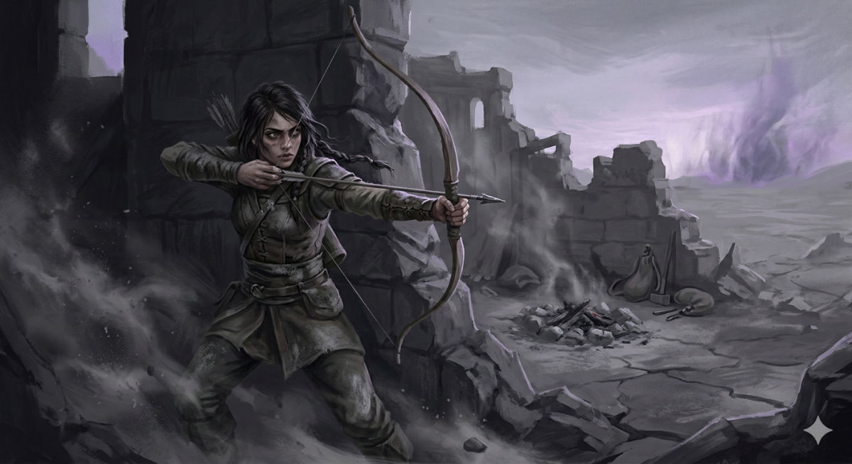 A fierce young woman with a bow drawn emerges from behind bleached ruins, her dark eyes assessing the protagonist as wind whips ash around her.
