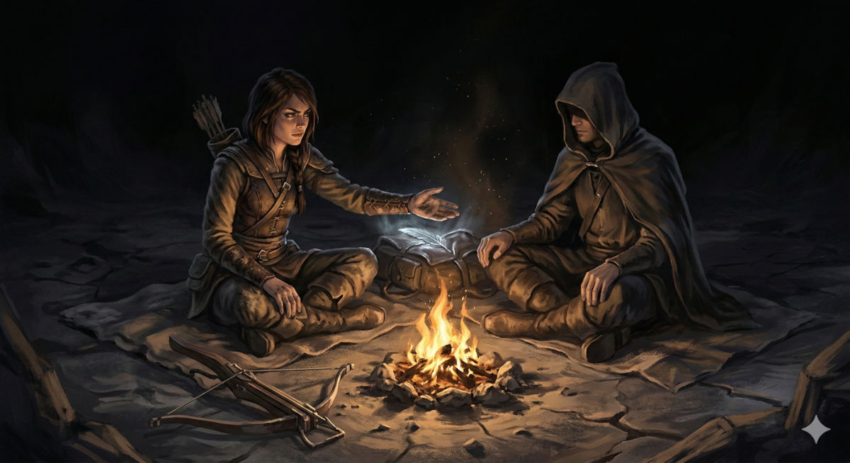 Two figures sit across a campfire in the ash wastes at night, the hunter extending her hand in a deal as the protagonist's pack glows faintly with relic light.