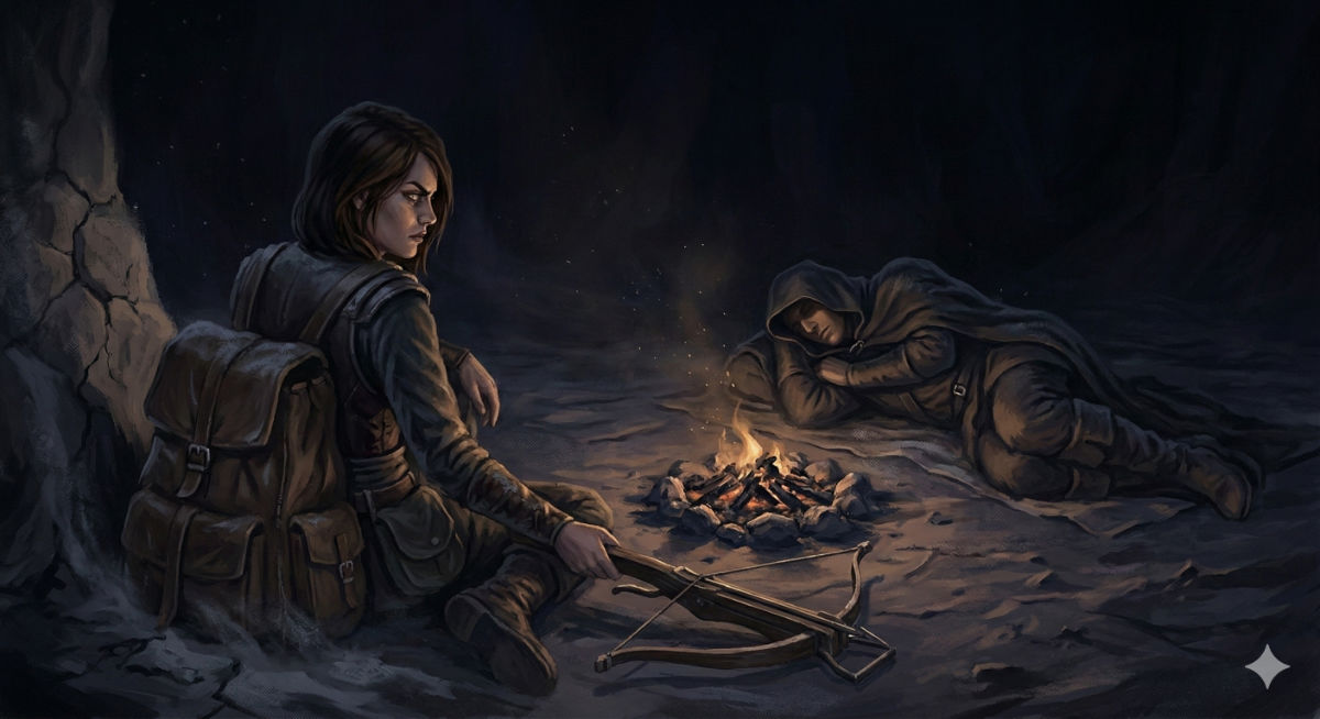 A hunter watches the protagonist from across a dying campfire with suspicious eyes, her crossbow within arm's reach, ash drifting between them like gray snow.