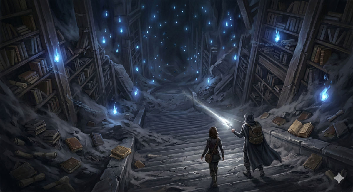 Stairs descend into a vast underground library half-buried in ash, shelves visible through collapsed walls, spectral blue lights floating among the ruins.