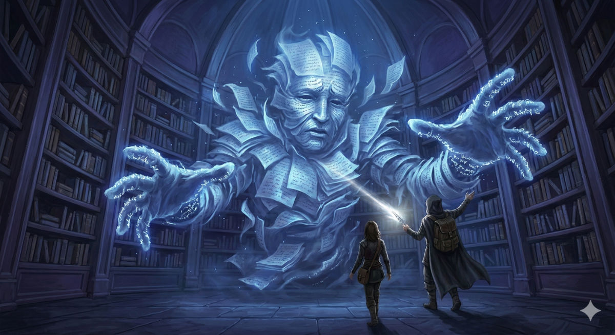 A spectral figure made of floating text and luminous pages hovers in the center of a ruined reading hall, its form shifting between human and abstract, guarding the path forward.