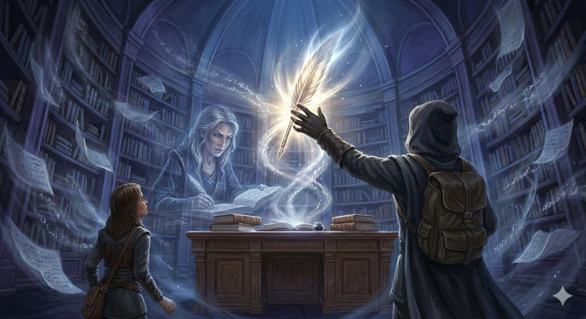 The protagonist reaches for a silver quill floating above a ruined reading desk, as a vision of Seraphine writing her final prophecy overlays the scene in translucent violet.