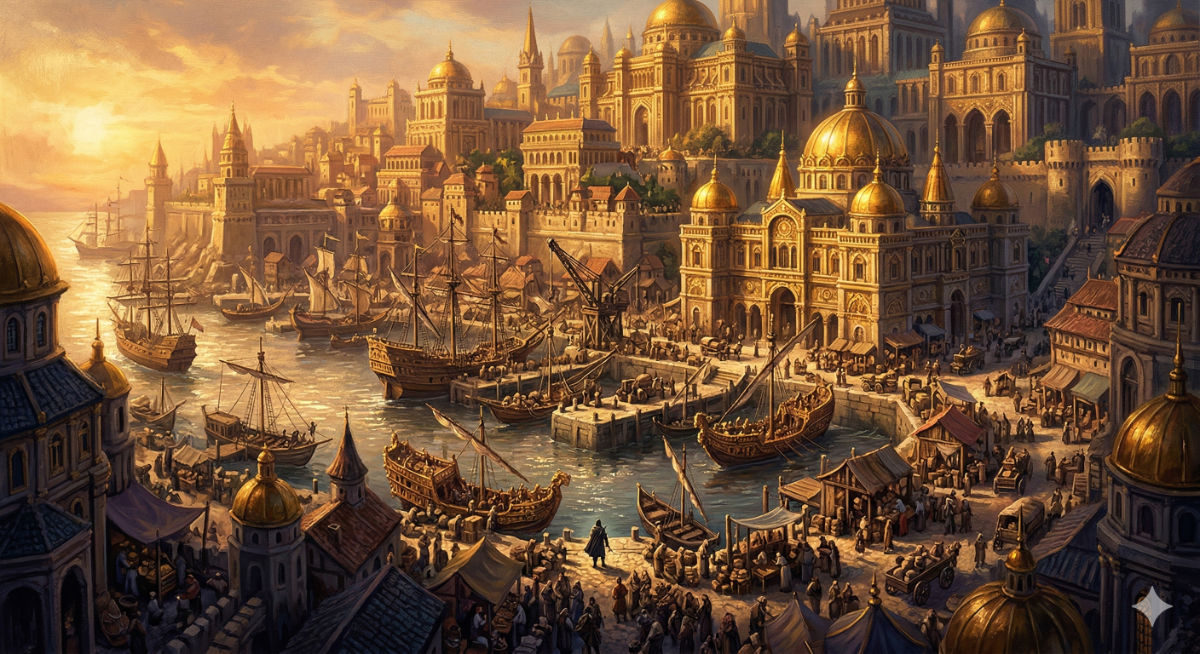 A grand harbor city gleams with golden-domed buildings and busy docks, merchant ships crowding the waterfront as the sun catches gilded architecture.
