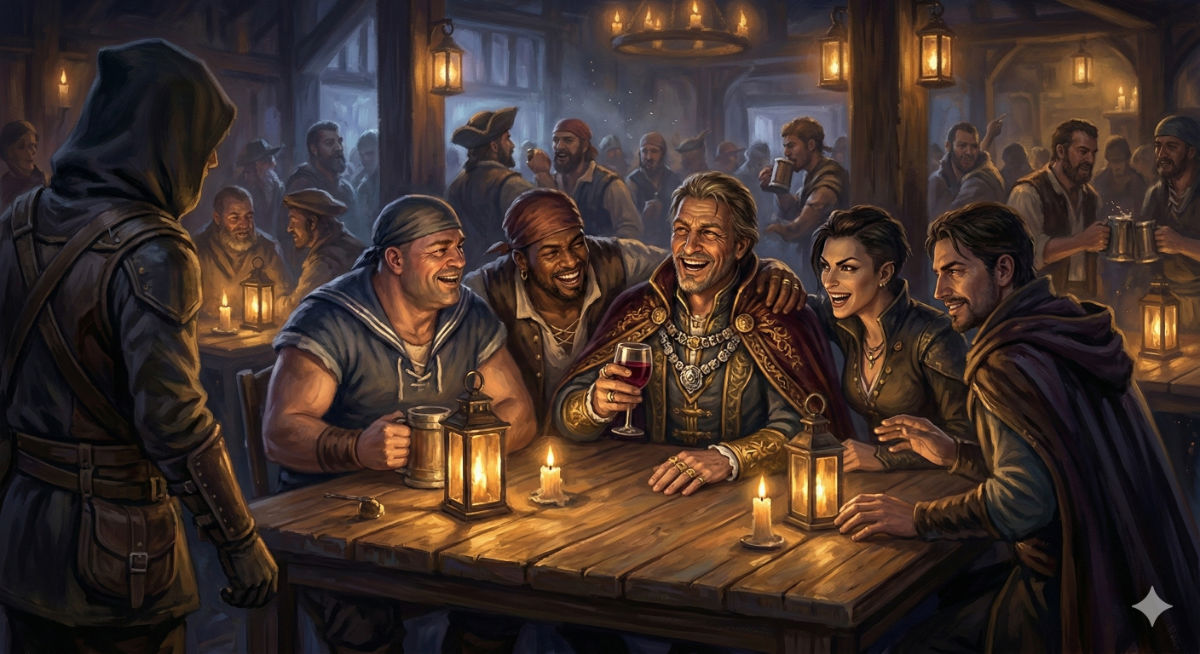 A weathered man with laughing eyes sits at a tavern table surrounded by companions, gold rings on his fingers, his charm masking something deeper.