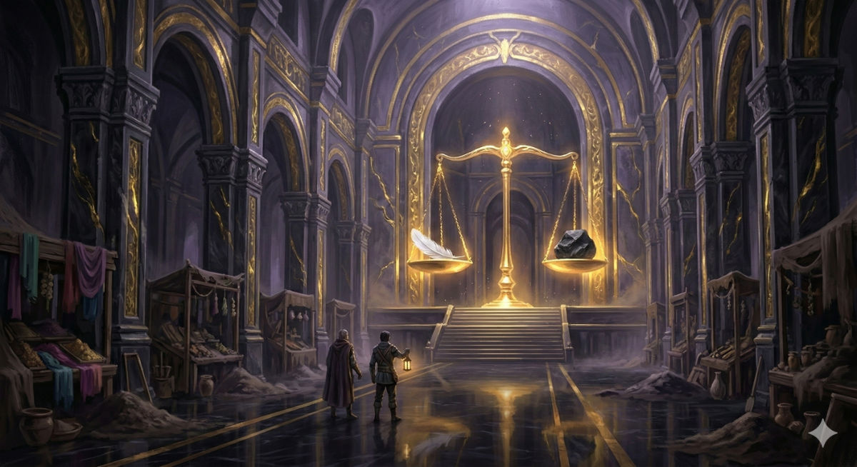 A vast underground trading hall stretches into darkness, its ornate stalls long abandoned, gold veins pulsing in black marble walls, with enormous golden scales on a raised dais at the far end.