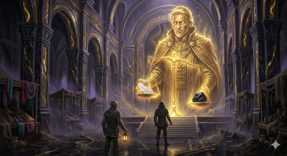 A spectral merchant in golden robes materializes above the scales, his stern face looking down at the protagonist as the scales begin to move, weighing invisible forces.