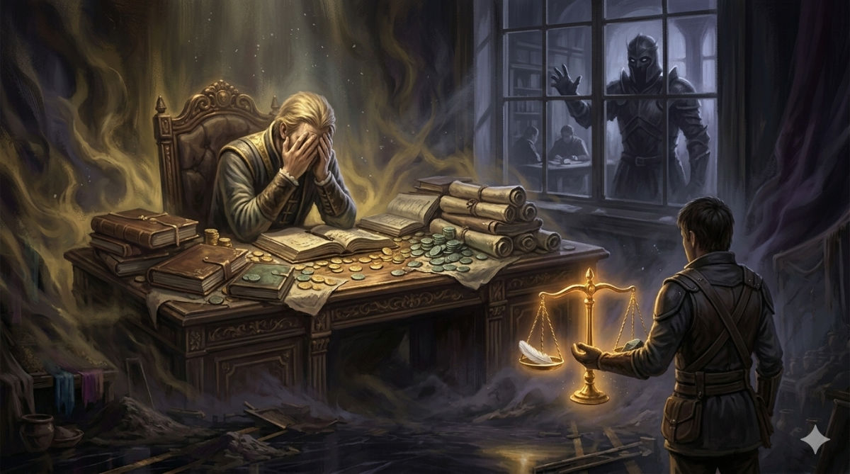 A ghostly counting house drowning in gold, where a younger Aldric sits with his face in his hands, the weight of complicity crushing him as golden light turns cold.