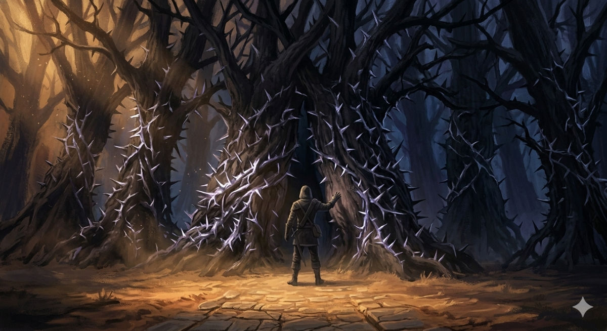 A wall of impossibly massive trees with silver-thorned bark forms an impenetrable barrier, their canopy killing all light beyond a few feet past the edge.