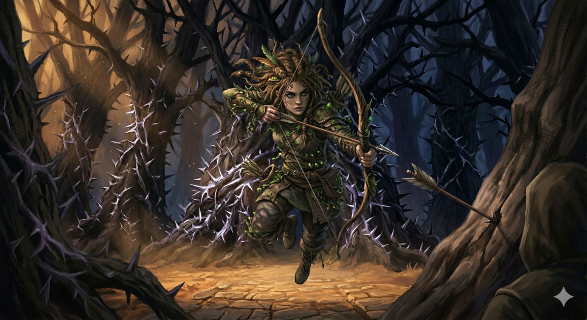 A young woman with wild leaf-braided hair drops from the canopy above, bow drawn, green eyes fierce, an arrow thudding into a tree trunk beside the viewer.