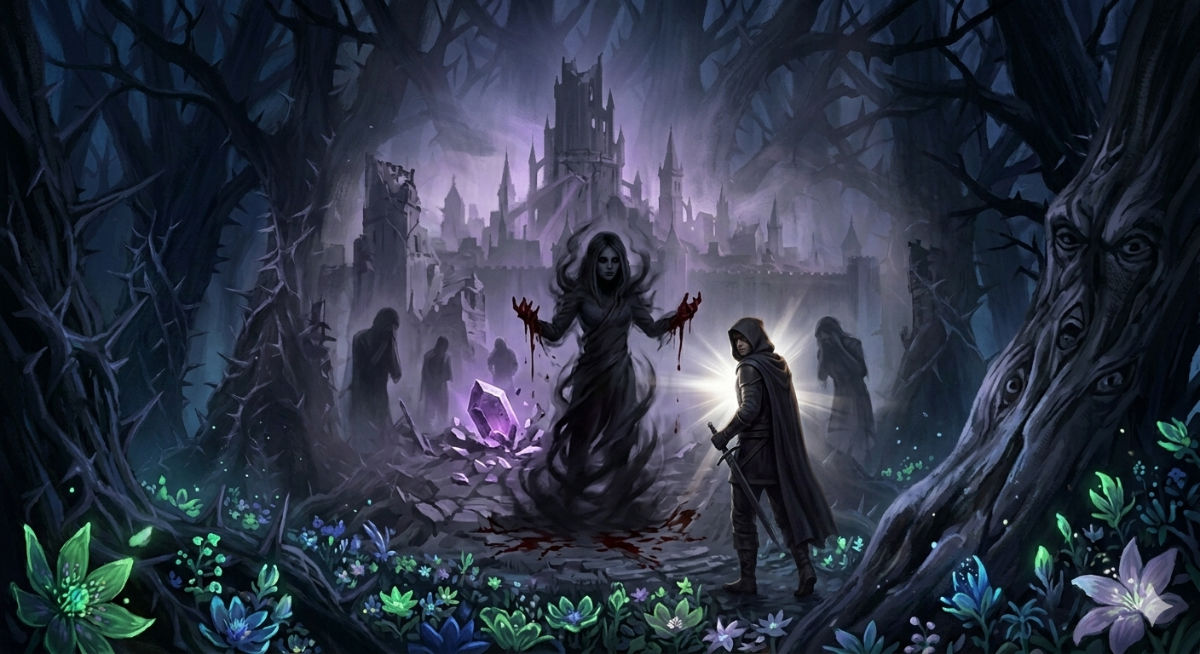 A twisted mirror version of the protagonist stands amid burning ruins, hollow-eyed and shadow-wreathed, reaching toward the real protagonist as the forest watches.