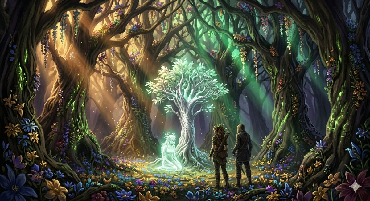 A perfectly circular clearing reveals a silver-white ancient tree of impossible age, surrounded by flowers in colors beyond naming, golden light filtering through a living dome of branches.