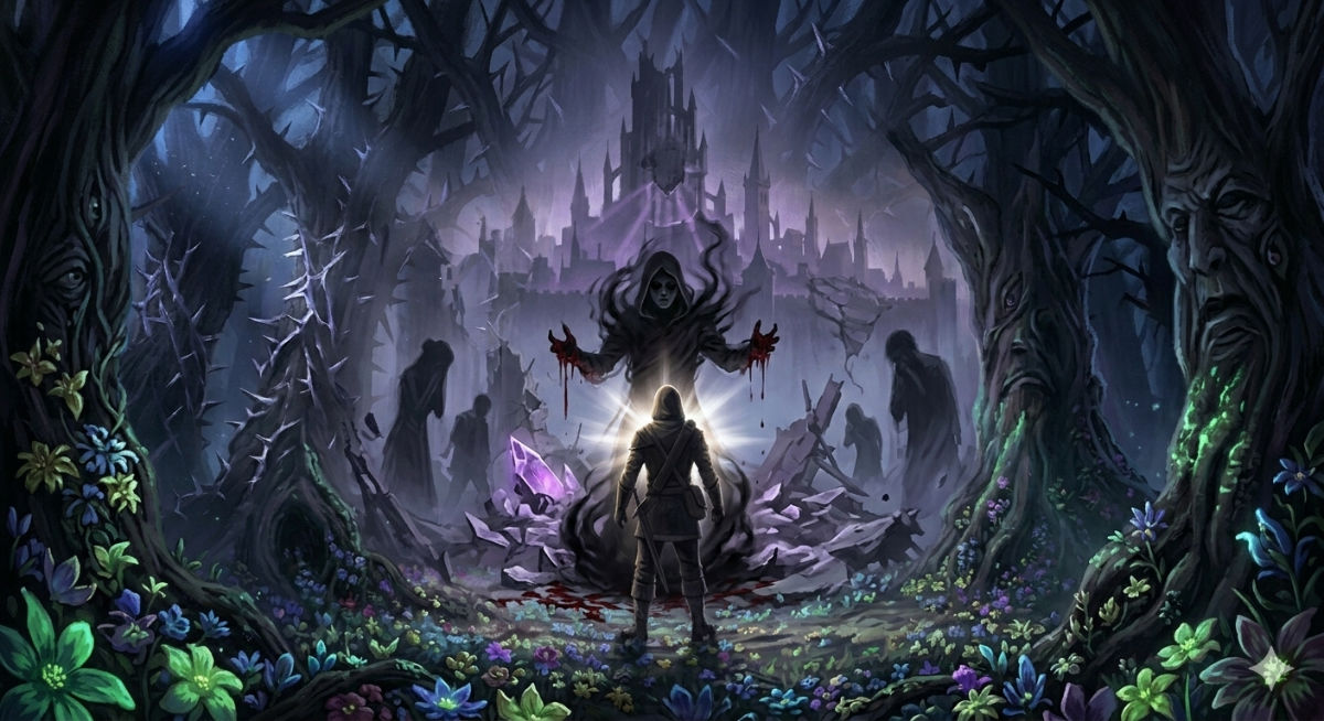 A vision of Thornwen facing Varek's blade with a serene smile, vines and flowers still growing from her hands even as the shadow falls, her eyes looking directly at the viewer across time.
