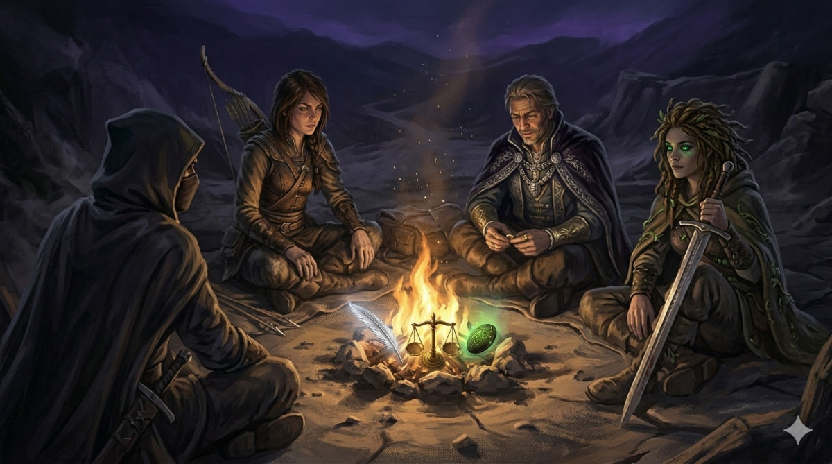 A group of travel-worn allies gathers around a campfire, their faces showing the marks of separate journeys, the three relics glowing in their midst.