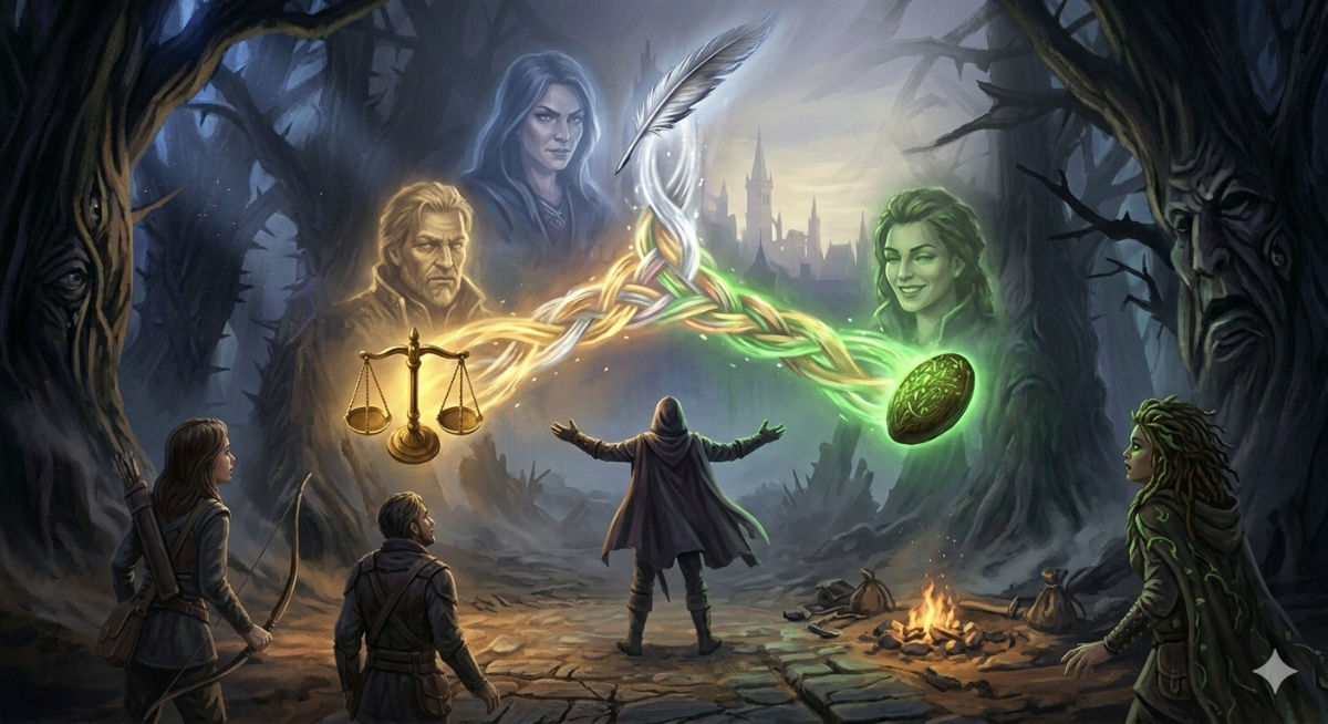Three relics float in a triangle formation, their lights intertwining into a braided beam of silver, gold, and green that points toward Eldermoor on the horizon.