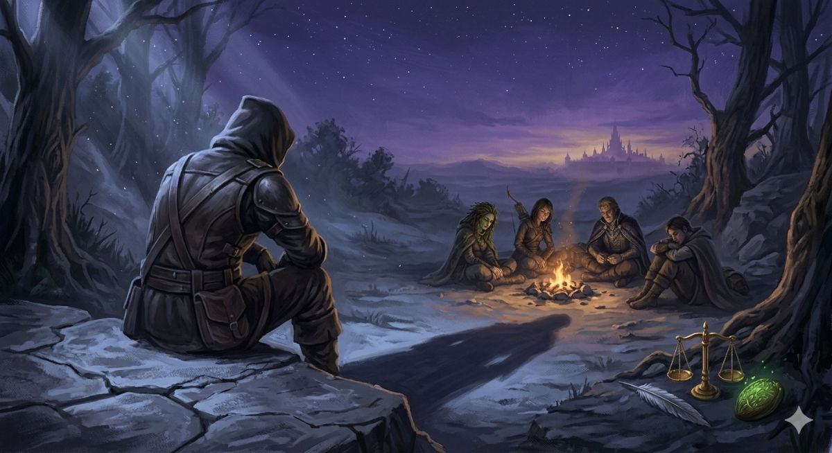 The protagonist sits alone under starlight, the relics dim beside them, their face showing the weight of learning that victory may require a sacrifice.