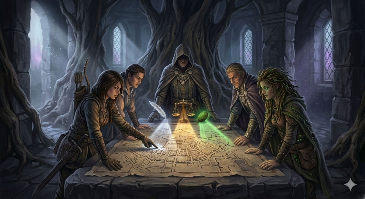 Allies huddle over a merchant's map spread across a shrine altar, three volunteers speaking at once, the weight of sacrifice hanging over the planning.