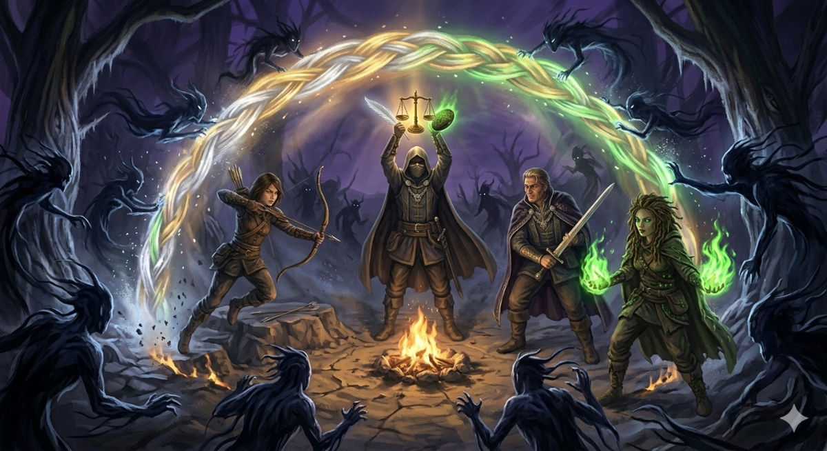Shadow creatures surge from the darkness toward the camp, the allies leaping to defense, the three relics blazing as a protective barrier of braided light erupts around the group.