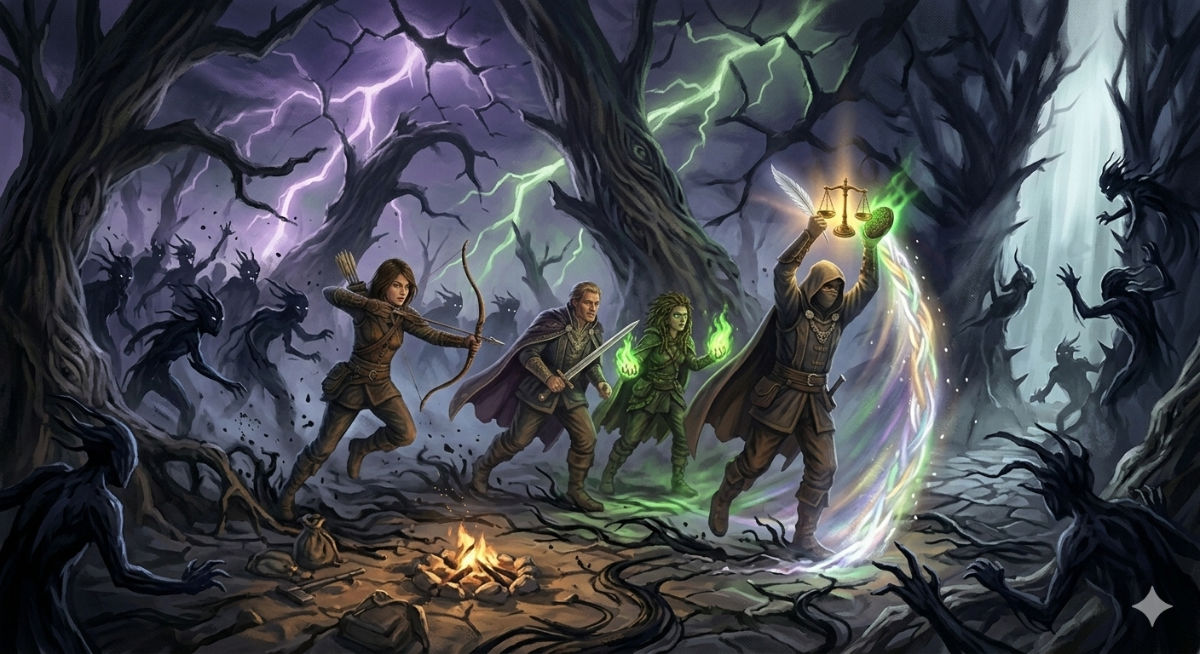 The protagonist and allies run through a landscape warped by shadow magic, trees bending wrong, the sky cracked with purple lightning, pursuit close behind.