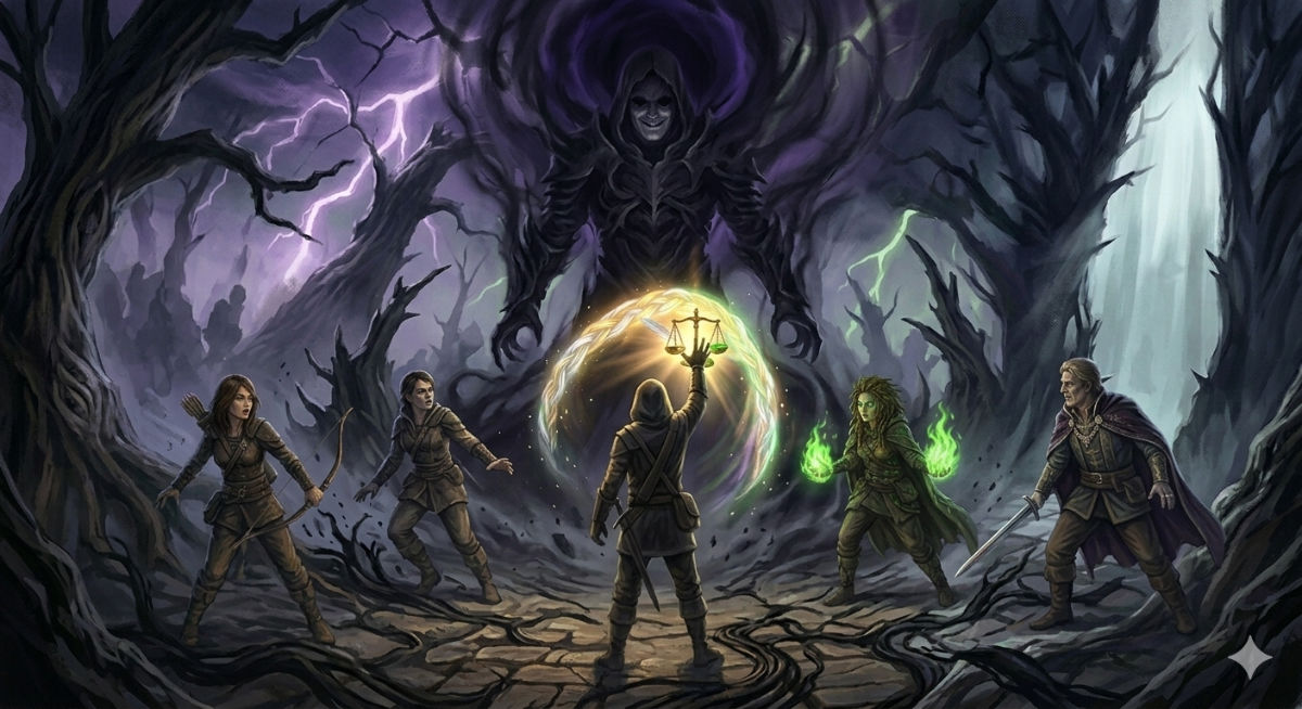 A towering figure of shadow and ancient armor materializes from nothing, his presence making the air heavy, empty eyes finding the protagonist with terrible recognition.