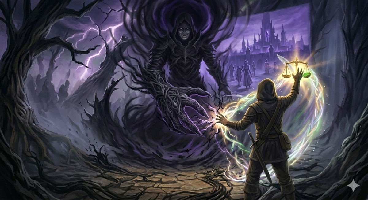 Varek extends a shadow-wreathed hand toward the protagonist, his empty smile promising power, as visions of a protected Eldermoor shimmer in the darkness behind him.