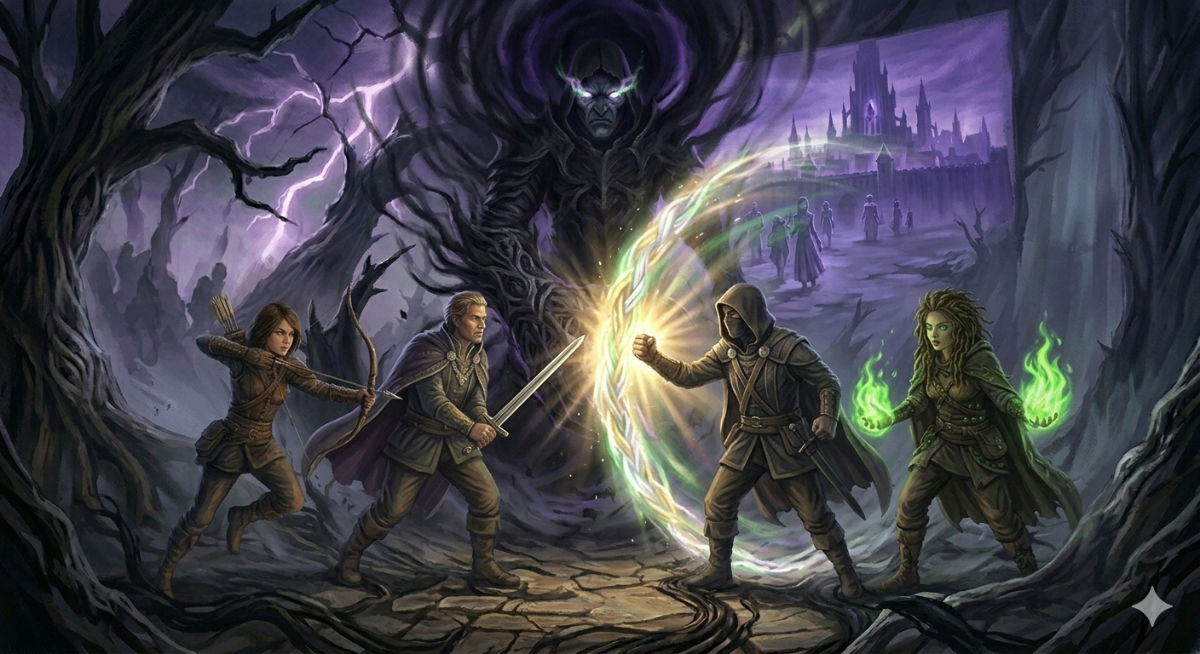 The protagonist stands firm against a wall of shadow, relics blazing, allies forming a line beside them, rejecting Varek's offer as his expression shifts from charm to cold fury.