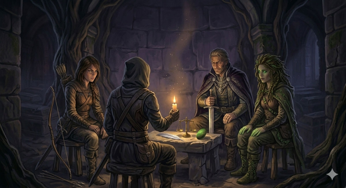 The protagonist sits with three allies in a small stone chamber, each face showing willingness to die, the relics dim between them as they discuss who will make the sacrifice.
