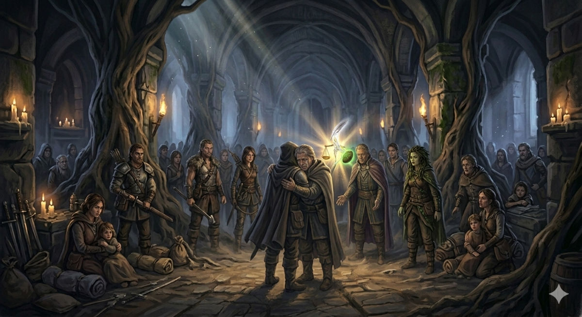 An elderly Elder embraces the protagonist as dawn light filters through cracks in the crypt ceiling, hundreds of armed resistance fighters standing ready behind them.