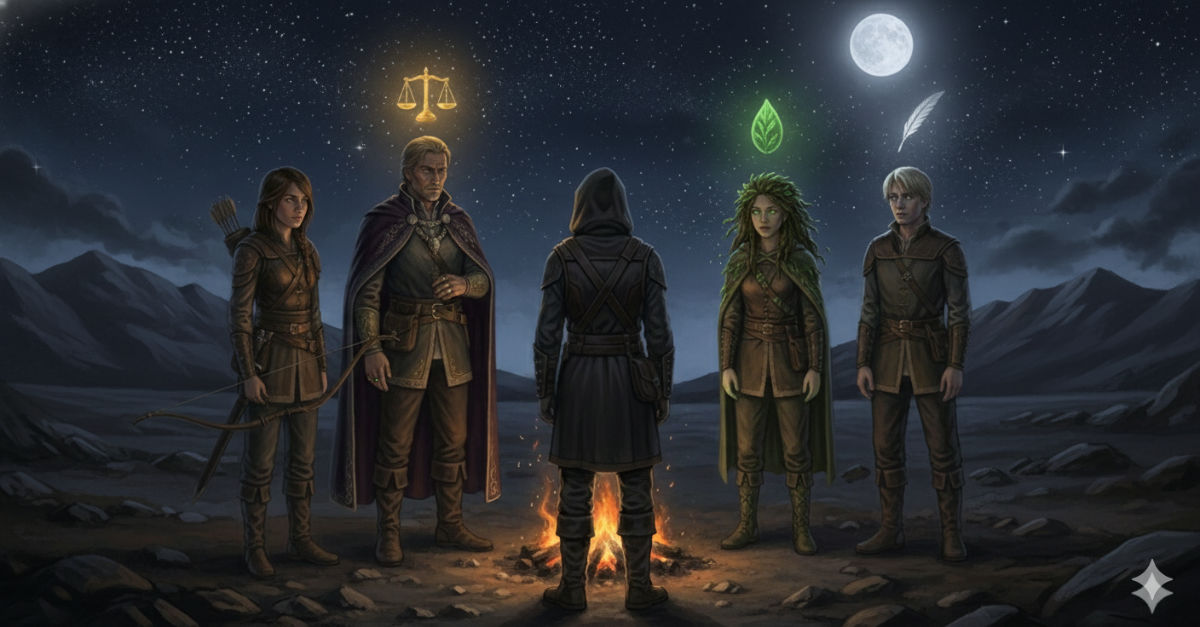 Four allies face the protagonist around a dying campfire under wheeling stars, each lit by a different light: Mira by ember-glow, Theron by gold, Wren by green, Neve by moonlight, as the protagonist must choose.