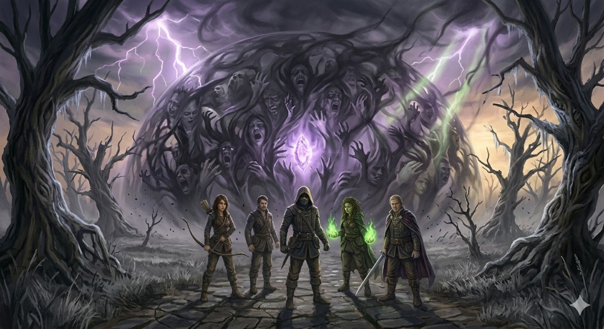 A massive dome of shadow energy encases Eldermoor, its surface writhing with trapped faces, the Purple Gem's corrupted light visible through the translucent barrier.