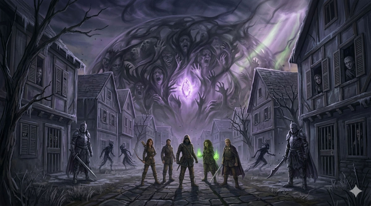 Shadow creatures patrol deserted streets of Eldermoor under the purple dome, Hollow Knights standing at intersections, while citizens peer from shuttered windows with hollow eyes.