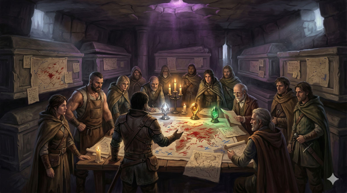 Resistance leaders crowd a tomb-turned-war-room, hand-drawn maps covering stone walls with red and blue marks, the protagonist studying routes by relic-light as dawn approaches.