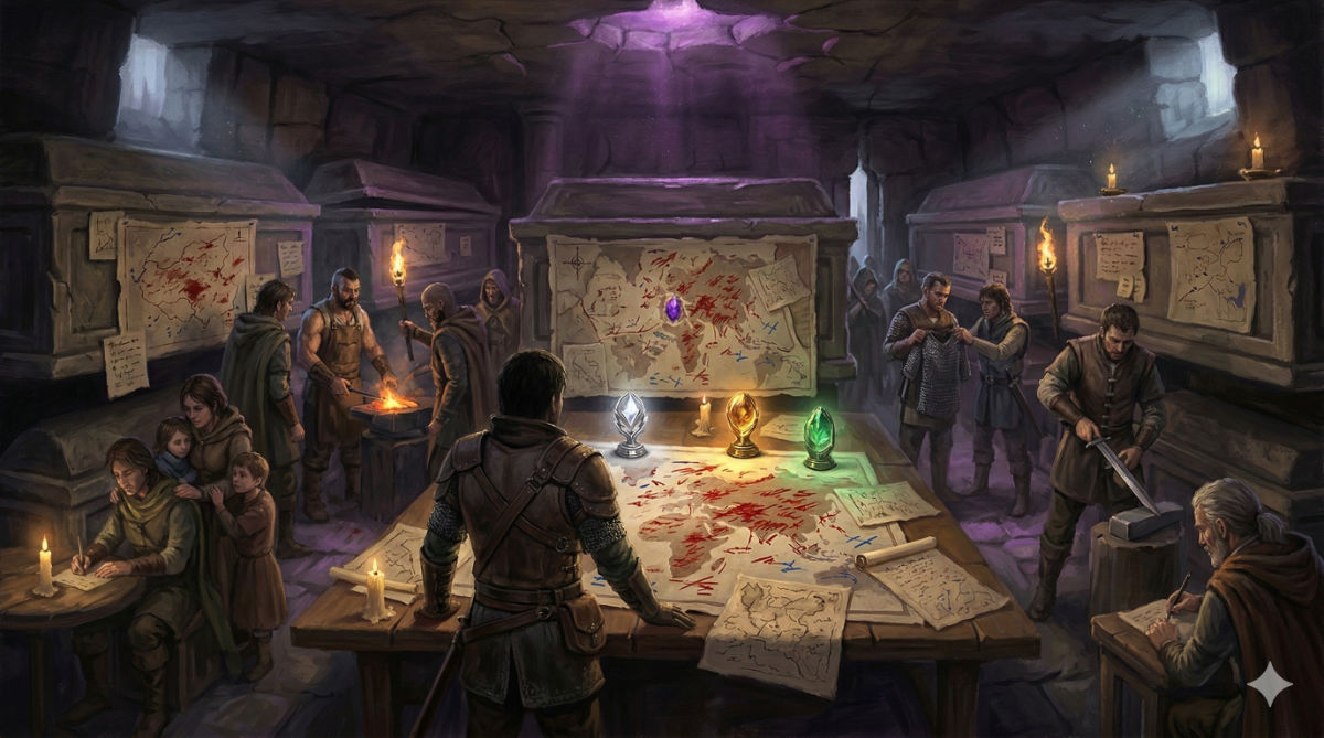 Resistance fighters sharpen weapons and pray in candlelit crypts, the protagonist standing before a map of the city with relic-light reflected in determined eyes.