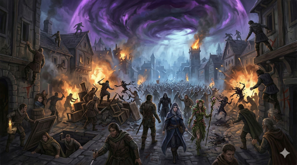 Resistance fighters pour from hidden positions across Eldermoor as fires are lit and diversions triggered, the shadow dome flickering under the coordinated attack.