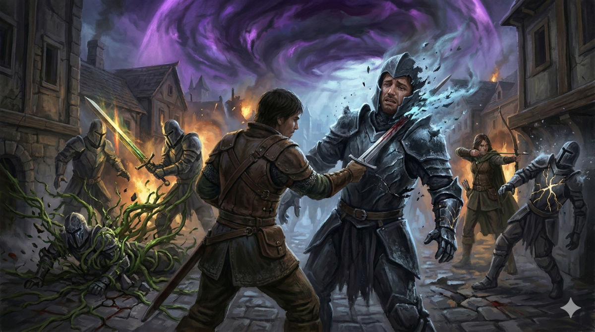 The protagonist's party battles Hollow Knights in a narrow street, the Quill revealing glowing fault lines in the Knights' armor as Wren's vines entangle one.