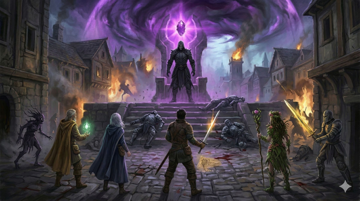 Varek stands atop the gem's platform in full terrible glory, his single word freezing all combat as shadow creatures halt and the protagonist's group faces him across the empty square.