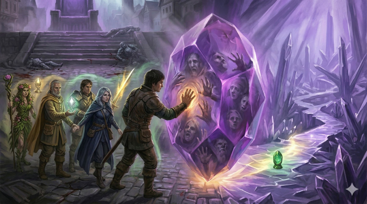 The protagonist presses their hand into the gem's surface as it parts like water, their allies linked in a chain of light behind them, the crystalline interior visible beyond.