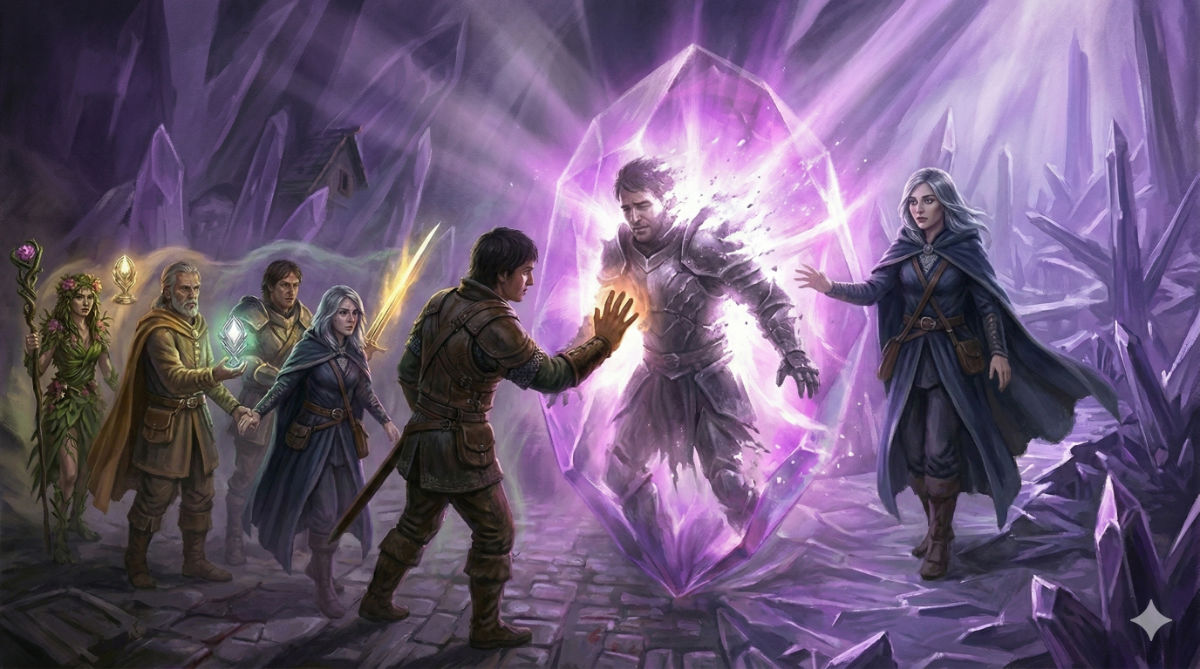 A figure places their hand on the gem's surface and transforms into light, their consciousness flowing into the crystal as the protagonist watches, devastated, and Seraphine manifests fully behind them.