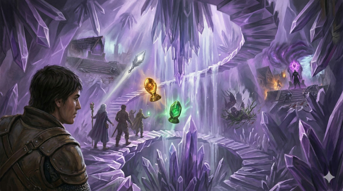 A crystalline landscape defies physics: paths spiral up and down simultaneously, crystal spires grow from ceiling and floor, sourceless purple light casts shadows in impossible directions.