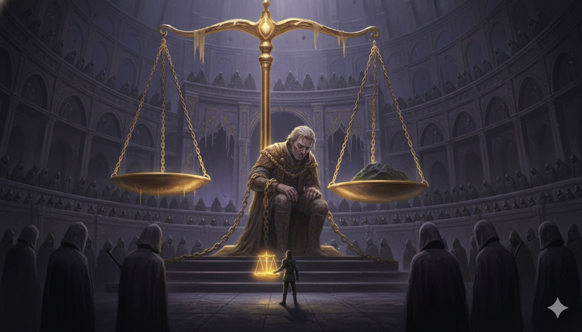 An infinite courtroom stretches into darkness, shadow figures filling the gallery, while Aldric is chained to corrupted golden scales that weigh his soul endlessly.