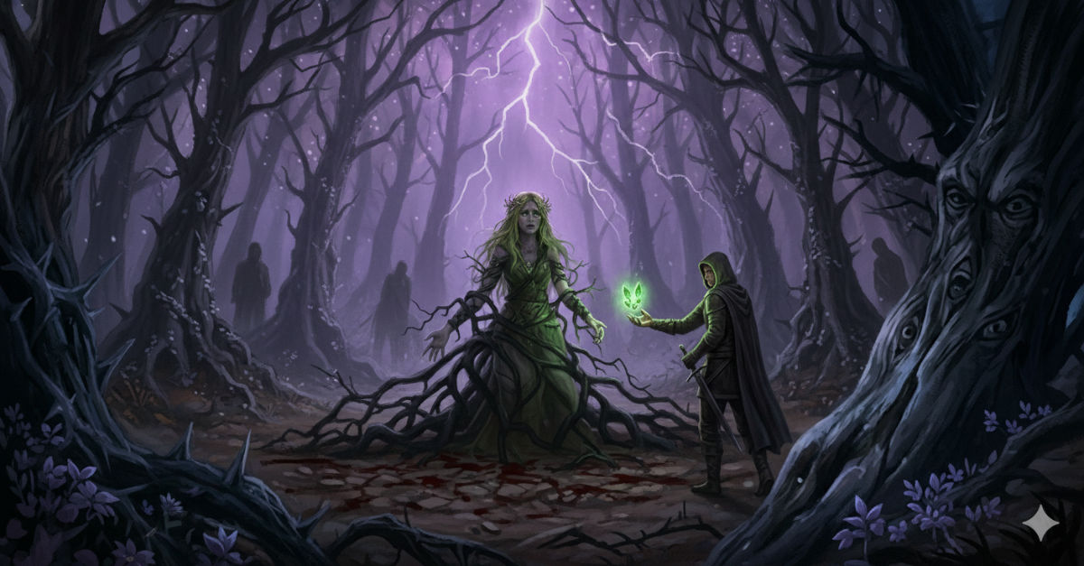 A garden of death surrounds Thornwen, withered trees and blackened flowers everywhere, twisted roots growing from her own body pinning her in place as she weeps.