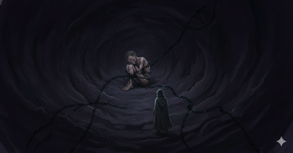 Absolute emptiness stretches in every direction, a void so complete it has texture, with a single figure curled at its center, chained in shadow, sobbing.