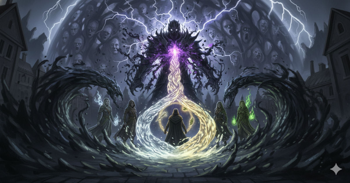 Relic-light and shadow clash in a violent maelstrom around the Purple Gem, the protagonist channeling three relics against Varek's shadow army as reality warps around them.