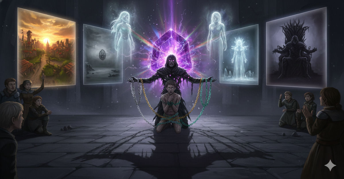 The protagonist stands before the broken Hollow King, four possible futures visible around them: a dawn of mercy, a void of destruction, a crystalline eternity, and a throne of shadow.