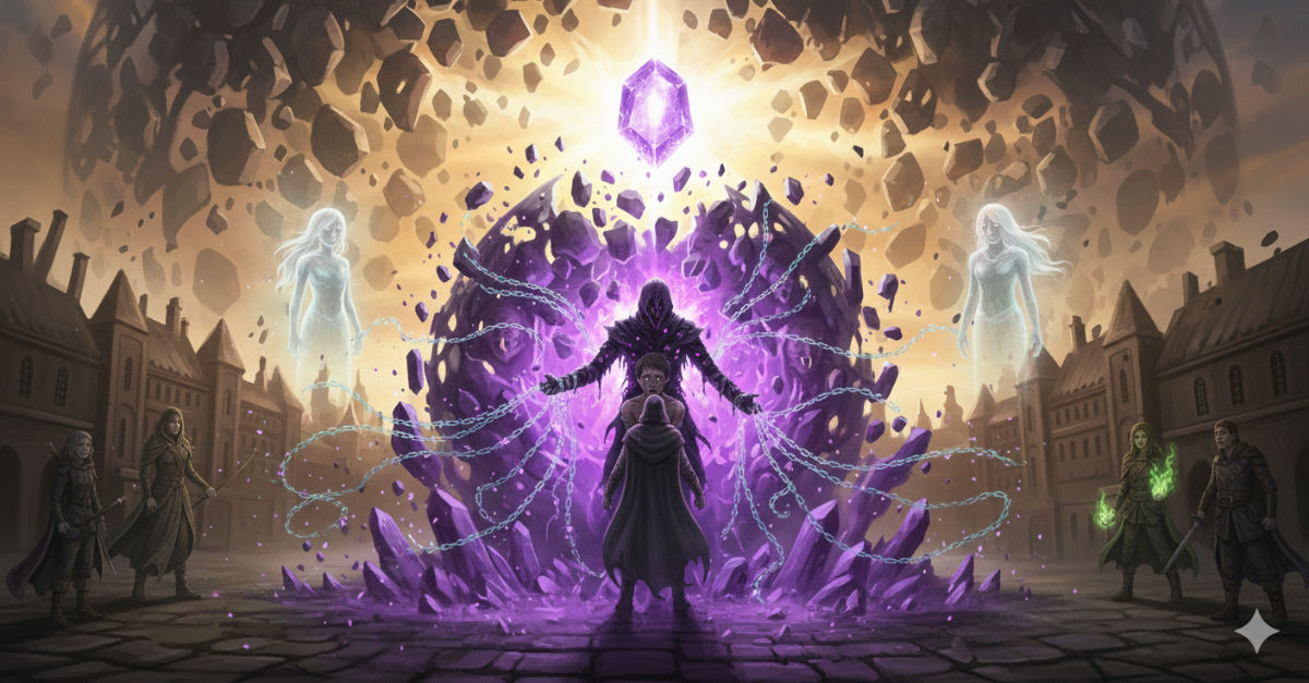 The protagonist reaches into the Hollow King's shattered armor to grasp the hand of the human Varek within, light pouring from the contact as shadow dissolves.